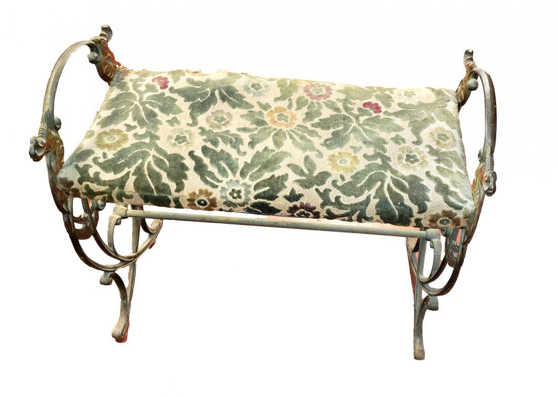 Victorian Cast Iron Vanity Bench: Oringinal Seat: Antique Pea Hen Motif Vanity Bench: Original green, red and yellow floral flocked fabric over natural materials stuffing ( cotton batting, sawdust). Bracket ends are well-aged, with faded pigment deta