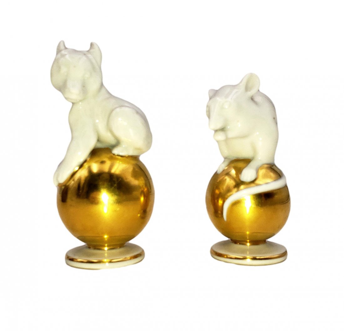Antique Rosenthal White Mouse - Bear On Gold Ball PR: Antique Rosenthal Selb Plossberg White Mouse On Gold Ball Bavaria Germany and Rosenthal Bear Figurine White Porcelain Gold Sphere Ball. Both in very fine condition with no chips, cracks, or repairs, n