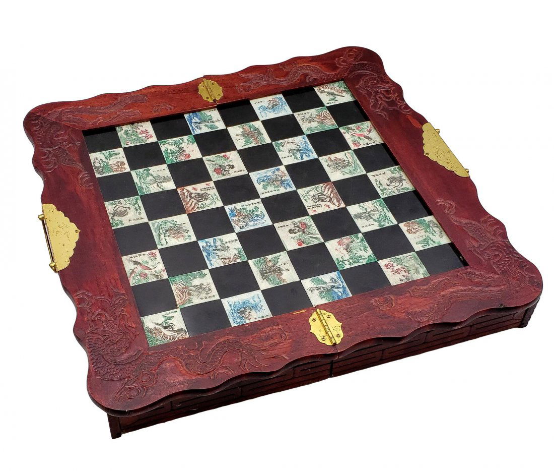Asian Wood Carved Folding Tile Chess Set Soap Stone (1 of 8)
