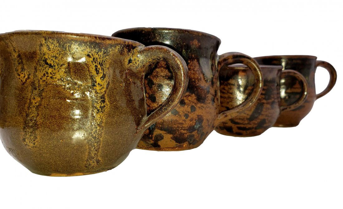 Folk Art Crafted Mugs (4) Signed Ri -Han Sun Character (1 of 4)