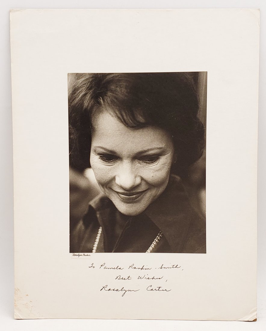 Rosalyn Carter: Signed Photo Portrait: B/W photo of Rosalyn Carter by P. Rankin- Smith mounted on art paper and signed on the margin by Rosalyn Carter. The signature is authentic with provenance. Image size : 6.25 x 8 inches. Mount size: 1