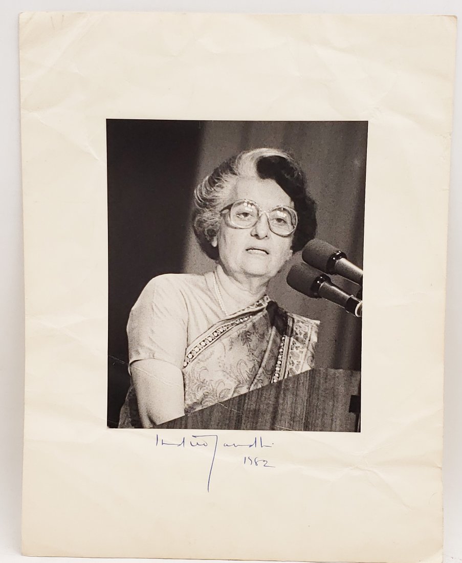 Indira Gandhi, 1982: Signed Photo Portrait: B/W photo of Indira Gandhi, 1982: by P.Rankin- Smith mounted on art paper /board and signed on the margin by Indira Gandhi, 1982. The signature is authentic with provenance. Image size : 6.5 x 8 inche