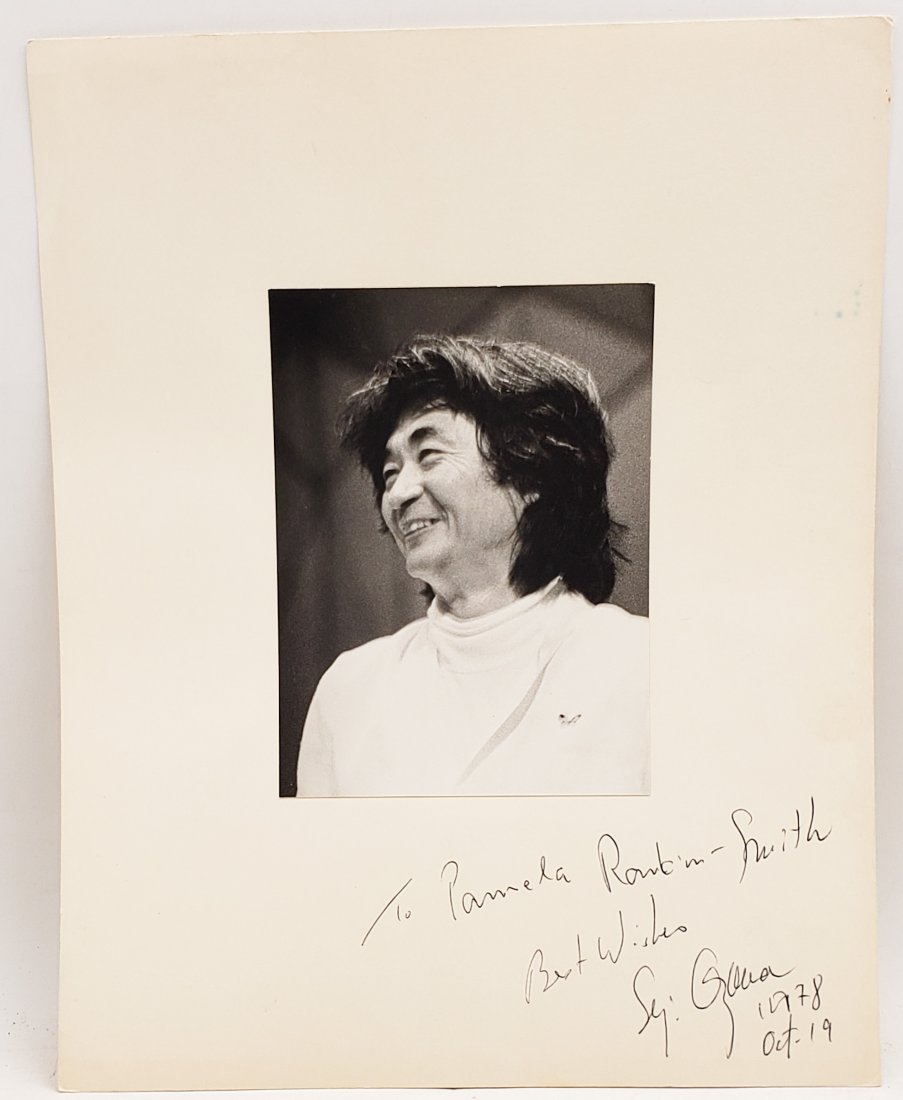 Seiji Ozawa, 1978: Signed Photo Portrait: B/W photo of Seiji Ozawa, 1978 by to P.Rankin- Smith mounted on art paper and signed on the margin by Seiji Ozawa. The signature is authentic with provenance. Image size : 5 x 7 inches. Mount size: 11