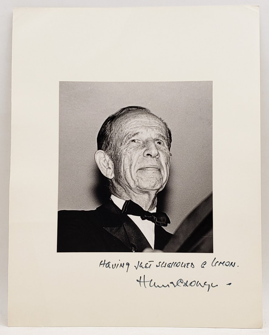 Hume Cronyn: Signed Photo Portrait: B/W photo of Hume Cronyn by P.Rankin- Smith mounted on art paper and signed on the margin by Hume Cronyn including his humorous inscription " Having just swallowed a lemon". The signature is authentic
