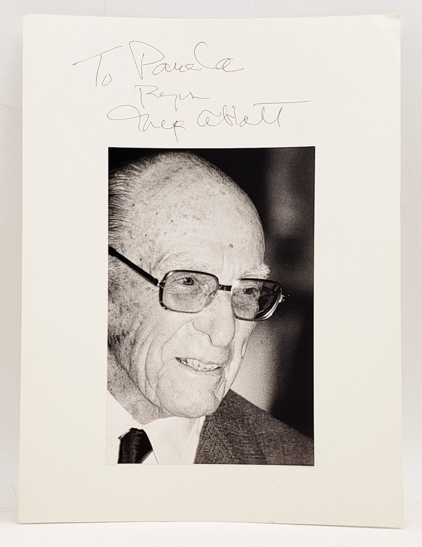 George Abbot: Signed Photo Portrait: B/W photo of George Abbot by P.Rankin- Smith mounted on art paper /board and signed on the margin by George Abbot. The signature is authentic with provenance. Image size : 4.75 x 7.5 inches. Mount siz