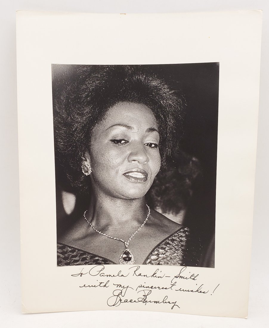 Grace Bumbry: Signed Photo Portrait: B/W photo of Grace Bumbry by P.Rankin- Smith mounted on art paper /board and signed on the margin by Grace Bumbry. The signature is authentic with provenance. Image size : 7.75 x 9.5 inches. Mount siz