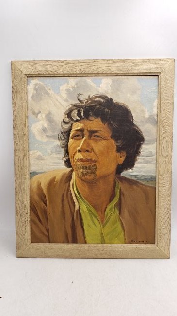 Te Wai Manuka Rihani; Maori portrait by Jamieson OOB: Te Wai Manuka Rihani (The Water Tea Tree Spirit, the entrance of heaven), Portrait of a Maori man circa 1940s. Signed by the artist's lower right corner M. Jamison. Framing label from Wellington, New 