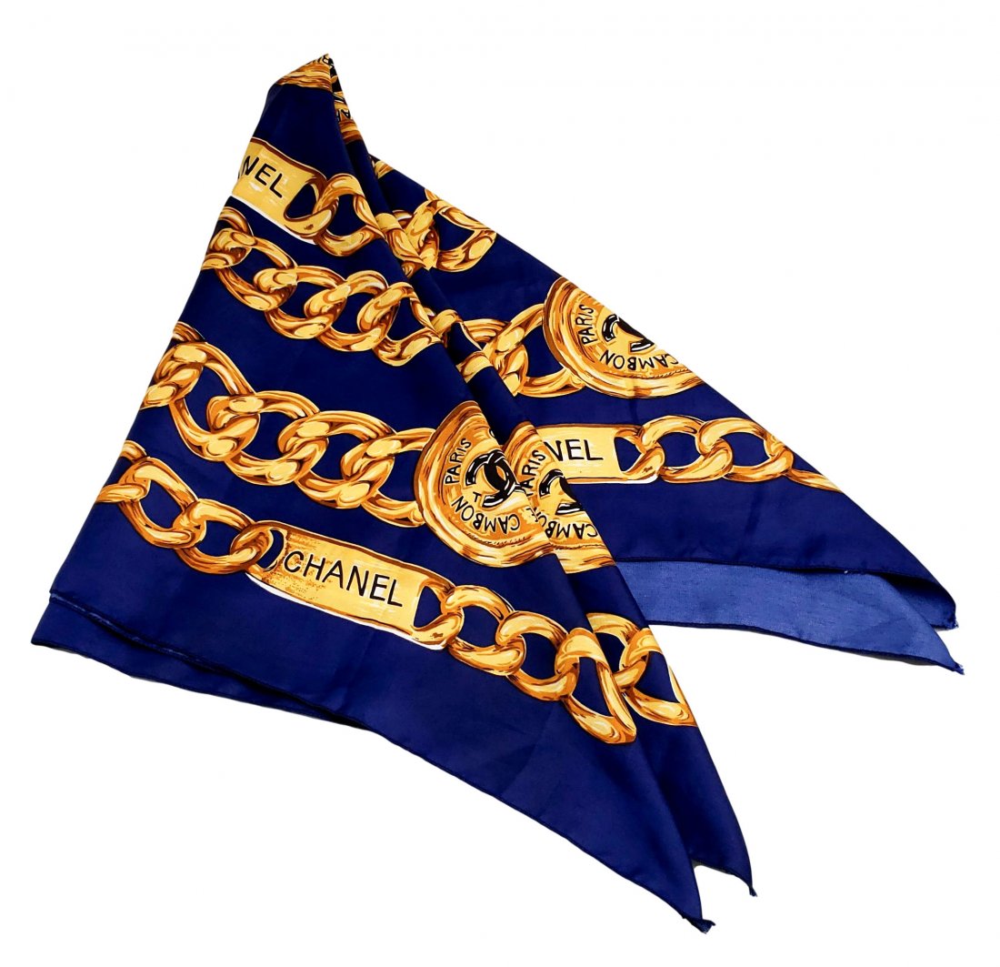 Vintage Classic Chanel Scarf – Navy Blue and Gold (1 of 2)