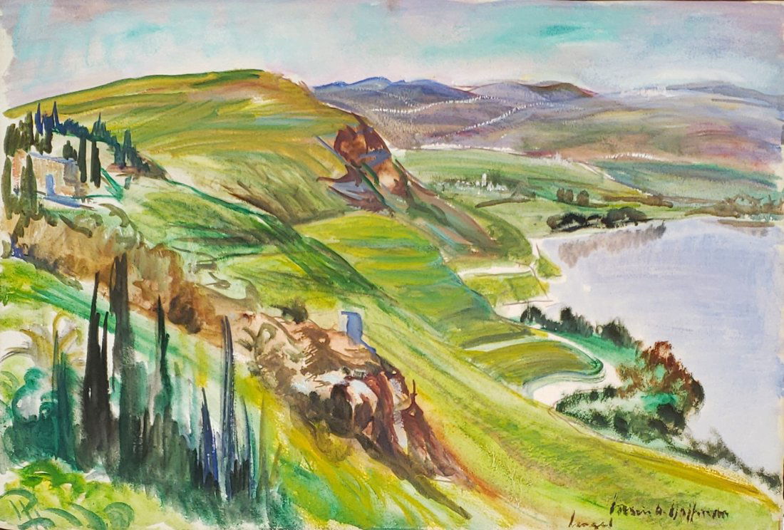 Irwin D. Hoffman: Watercolor Landscape Signed: Irwin D. Hoffman (1901-1989) original watercolor landscape of a riverside hill scene, titled " Israel ", on art paper. Image size 22.5 x 15.25 inches. Fine condition original work. "Irwin D. Hoffman B