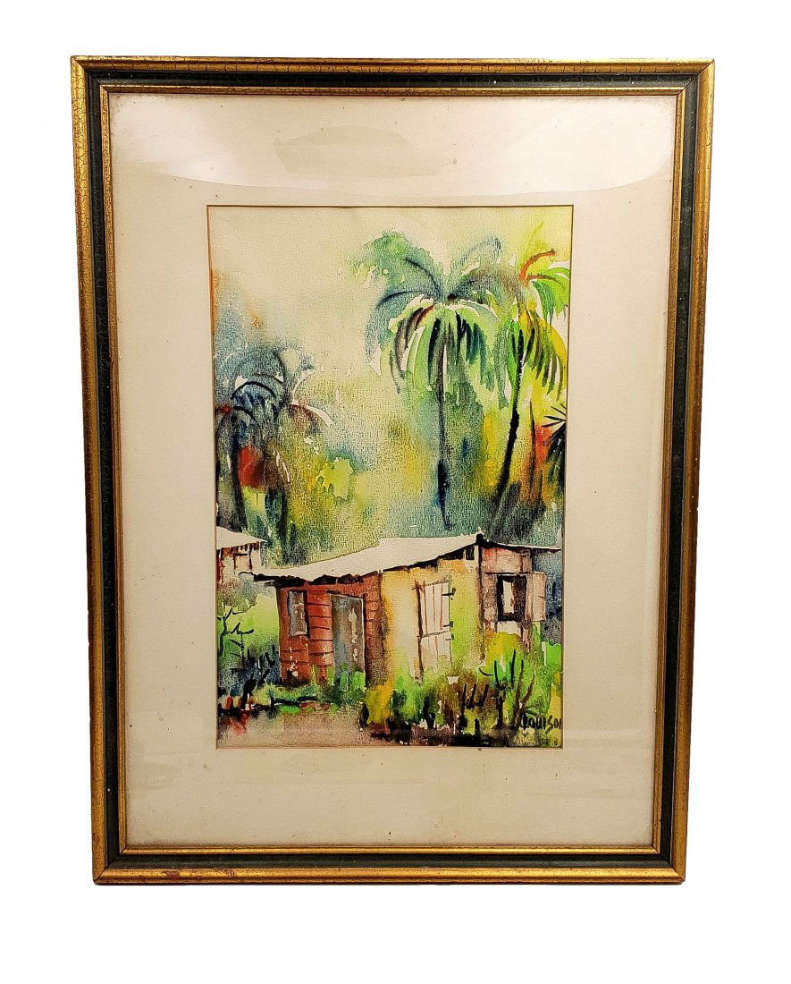 Dermot Louison: Watercolor Tropical Shack Signed Framed (1 of 3)