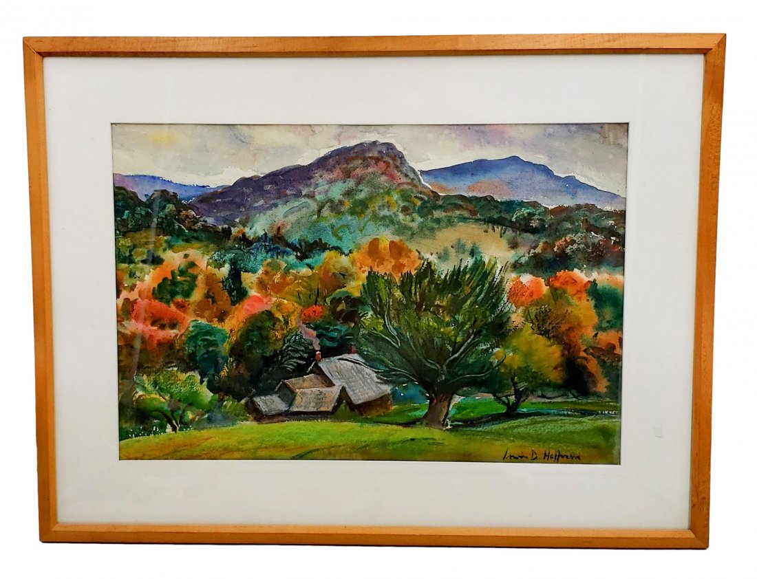 Irwin D. Hoffman: Watercolor Autumn Landscape Signed: Irwin D. Hoffman (1901-1989) original watercolor autumn landscape of a home in the mountains on art paper. Image size 21 x 14.5 inches. Fine condition original work. Framed size: 21.5 x 28.5 inches. "