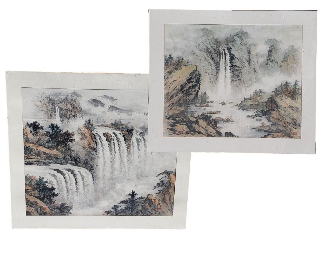 L. Tsui : Watercolor ink  Asian Landscapes Signed Pair (1 of 6)