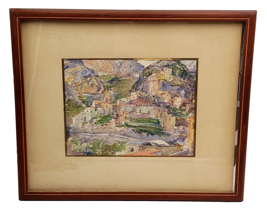 Irwin D. Hoffman : Watercolor landscape Mt. Village: Irwin D. Hoffman (1901-1989)attributed -original watercolor mountain village landscape on art paper. Image size 10 x 8 inches. Fine condition original work. Framed size: 18 x 15 inches. "Irwin D. Hoff