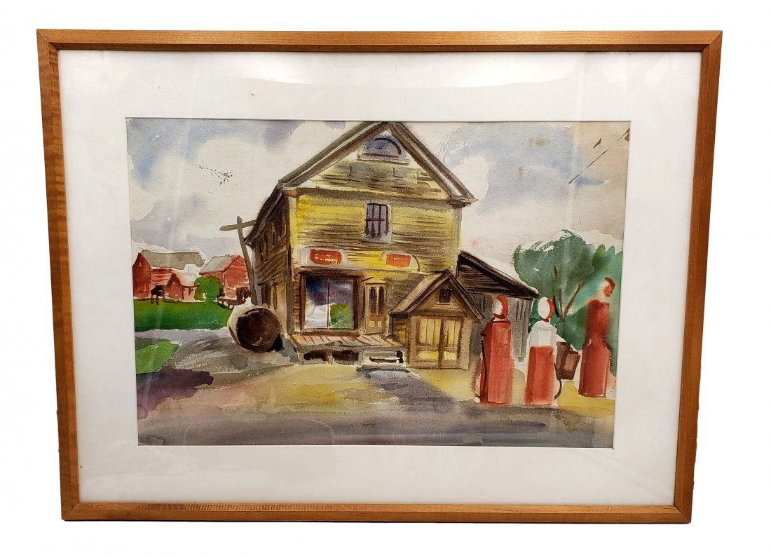 Irwin D. Hoffman : Watercolor Rural Gas Station: Irwin D. Hoffman (1901-1989) original watercolor of a rural gas station with glass globe pumps on art paper. Image size 21 x 14.5 inches. Fine condition original work. Framed size: 21.5 x 28.5 inches.