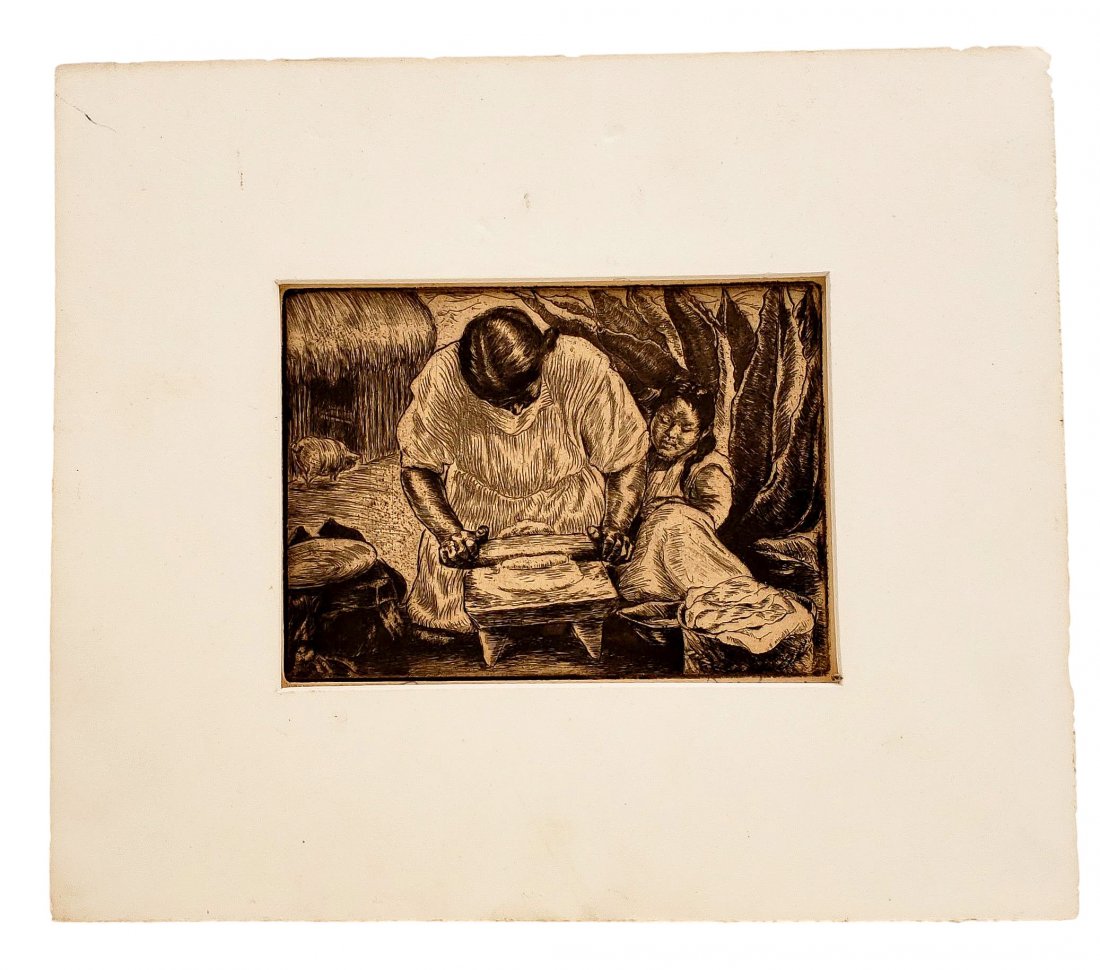 Irwin D. Hoffman: " Cactus and Tortillas" Signed: Irwin D. Hoffman (1901-1989) original etching " Cactus and Tortillas" of a mother and daughter making tortillas, print on art paper. Image size 5 x 6.75 inches. Fine condition original work. Will requ
