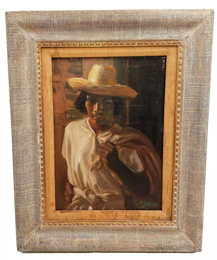 Irwin D. Hoffman: OOB Portrait of a Latino Man: Irwin D. Hoffman (1901-1989) original oil on board portrait of a Latin American man. Image size 13.75 x 9.5 inches. Fine condition original work. Framed size: 21 x 17 inches. Noted: watermarks/ stains