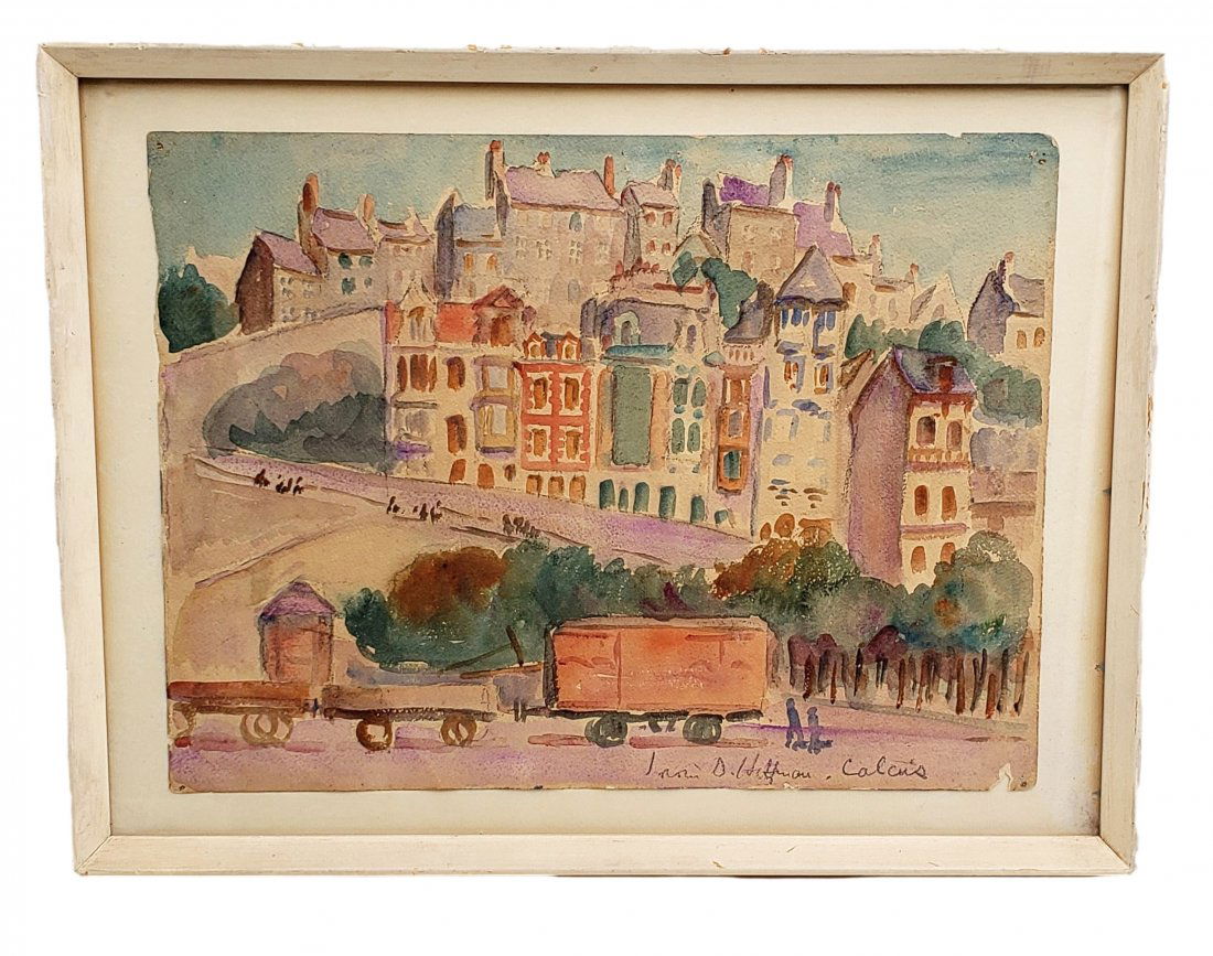 Irwin D. Hoffman: Watercolor " Calis" Signed/Framed: Irwin D. Hoffman: Watercolor " Calis" Greek Cityscape Signed/FramedIrwin D. Hoffman (1901-1989) original watercolor of a city street scene in " Calis" Greece, on art paper. Image size: 10.25 x 13.75 i