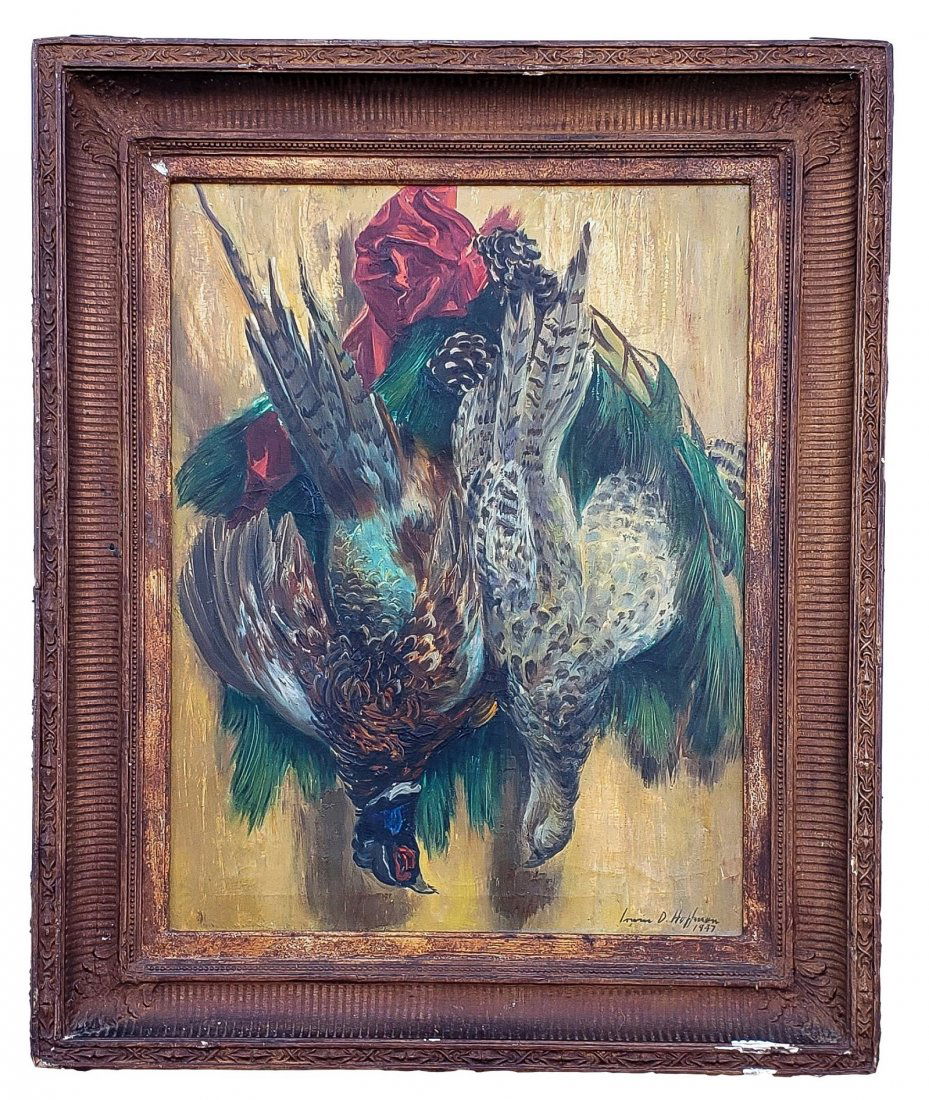 Irwin D. Hoffman: OOC Cristmas Wreath Pheasants Signed: Irwin D. Hoffman (1901-1989) original oil on canvas of two game pheasant hung with a Christmas wreath. Image size 21 x 27.25 inches. Fine condition original work. Framed size: 31 x 36.75 inches. Noted