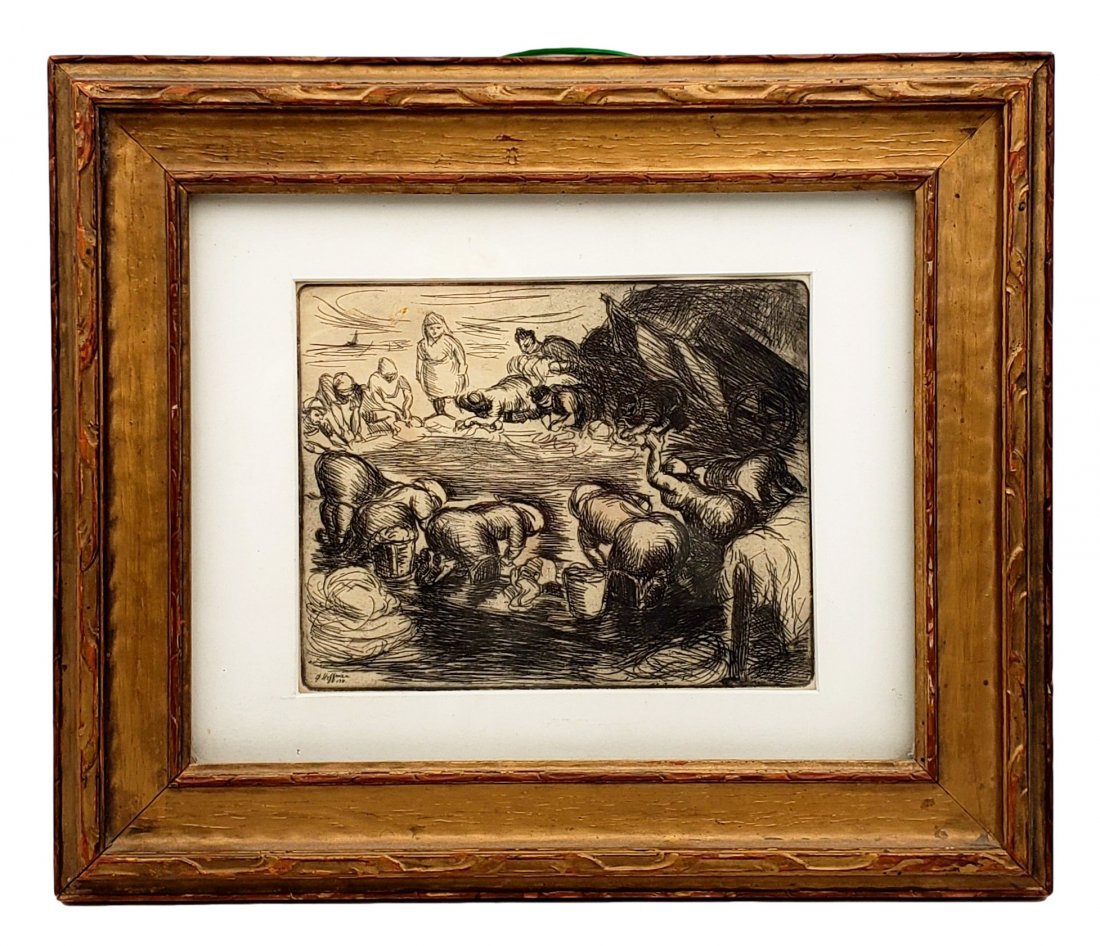 Irwin D. Hoffman: Monday Washing in Normandie Signed: Irwin D. Hoffman: " Monday Washing in Normandie". Etching Signed / FramedIrwin D. Hoffman (1901-1989): " Monday Washing in Normandie" 1931 original etching image of a gathered group of women on their