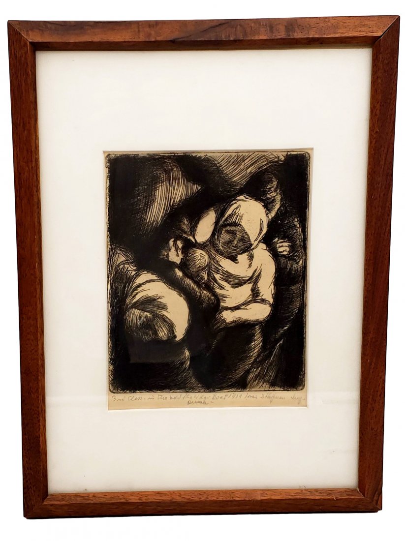 Irwin D. Hoffman: "3rd Class" Etching Signed / Framed: Irwin D. Hoffman (1901-1989): Russia "3rd Class"- etching, 1929, original etching signed, titled, and dated in pencil; an image of the third class passengers in the hold of a boat on the Volga River,