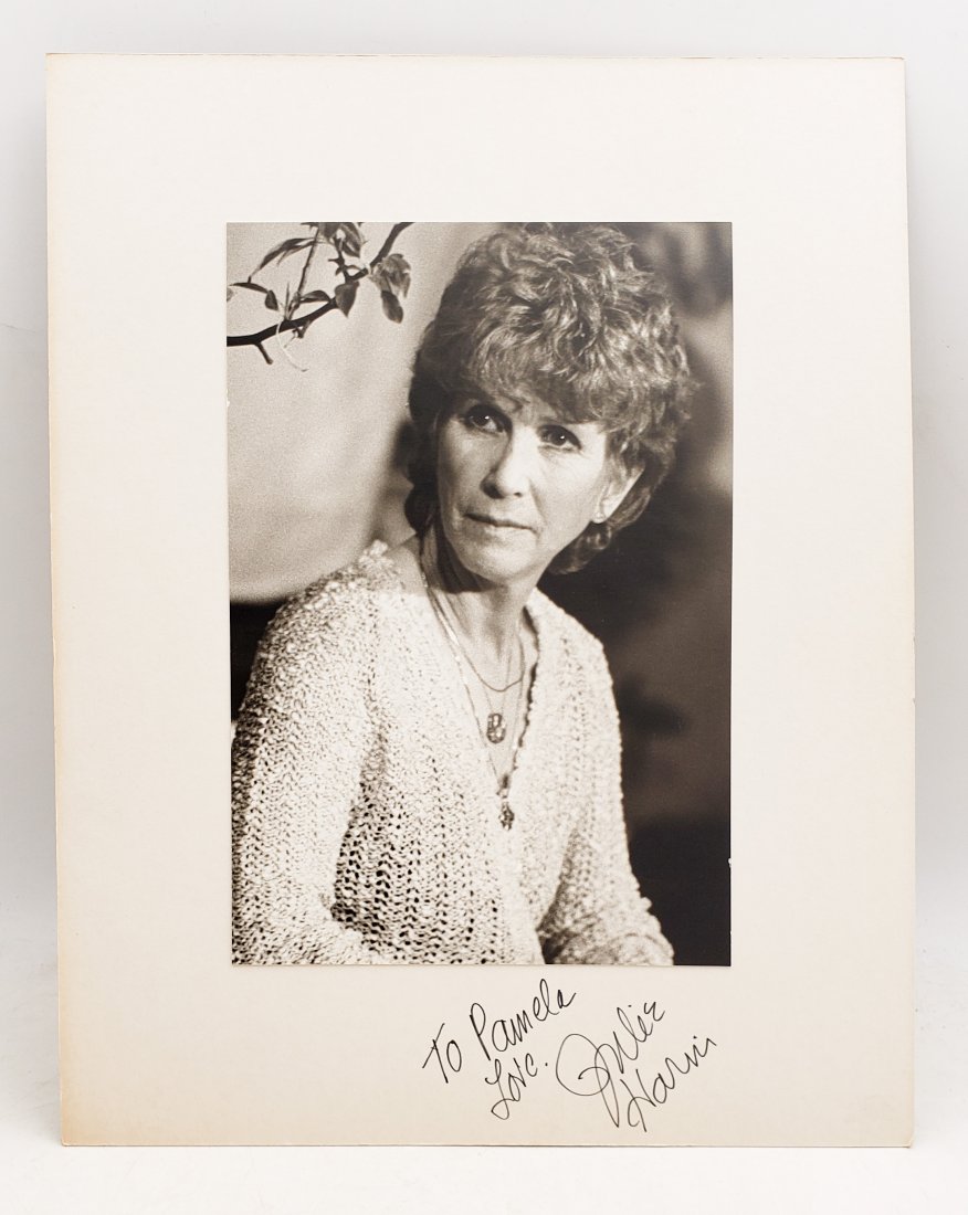 Julie Harris : Signed Photo Portrait: B/W photo of Julie Harris by P.Rankin- Smith mounted on art paper /board and signed on the margin by Julie Harris. The signature is authentic with provenance. Image size : 6.5 x 9.5 inches. Mount size