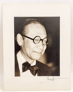 I.M Pei : Signed Photo Portrait: B/W photo of I.M Pei by P.Rankin- Smith mounted on art paper /board and signed on the margin by I.M Pe. The signature is authentic with provenance. Image size : 7.5 x 9.5 inches. Mount size: 11 x 14