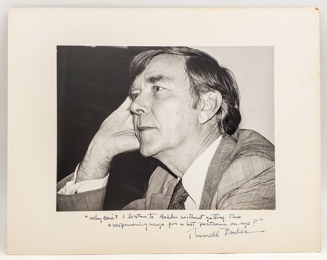 Russell Baker : Signed Photo Portrait: B/W photo of Russell Baker by P.Rankin- Smith mounted on art paper /board and signed and inscribed with a remark on " ...Mahler and Pastrami on rye...." on the margin by Russell Baker. The signature i