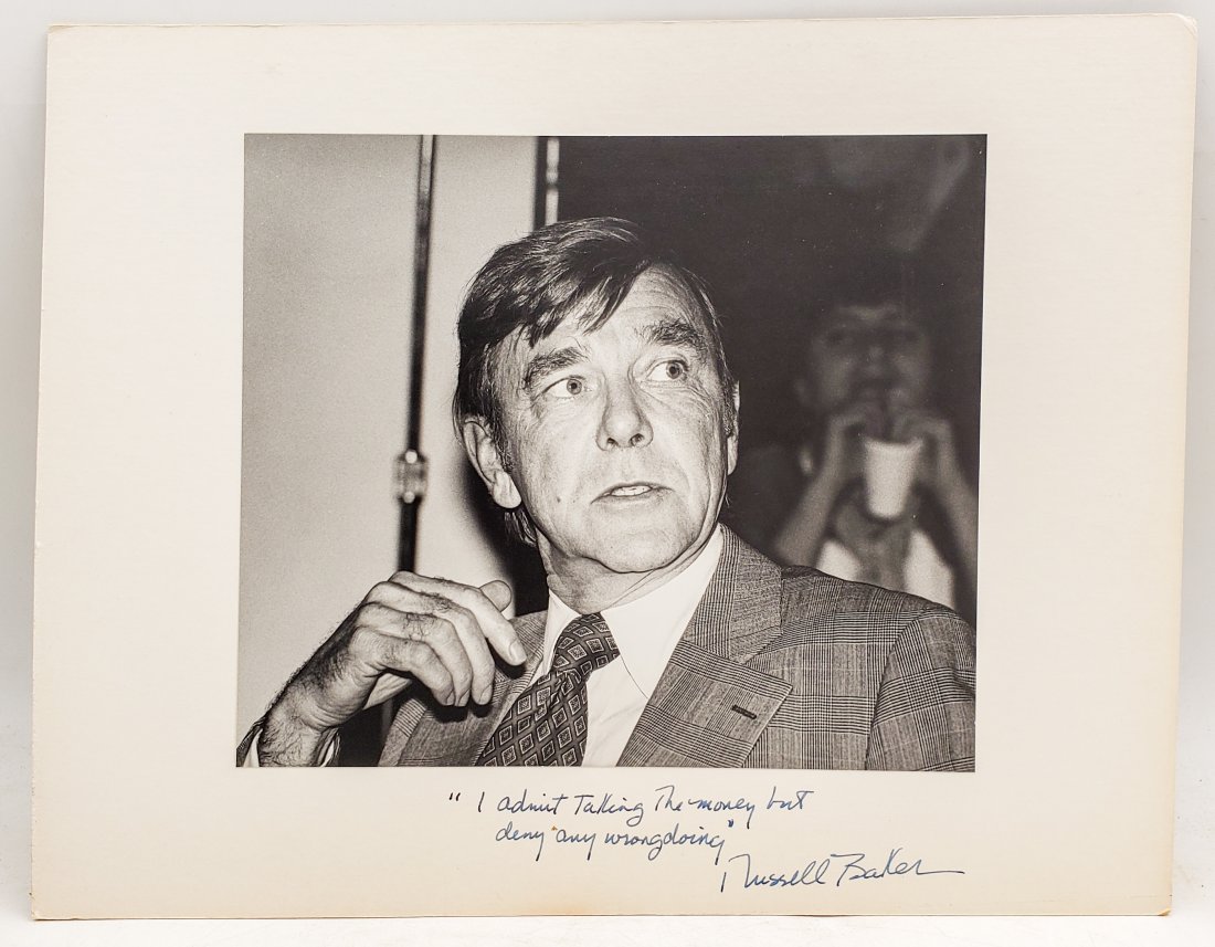Russell Baker : Signed Photo Portrait: B/W photo of Russell Baker by P.Rankin- Smith mounted on art paper /board and signed and inscribed with a remark " ….admit taking the money, deny any wrong ..." on the margin by Russell Baker. The s