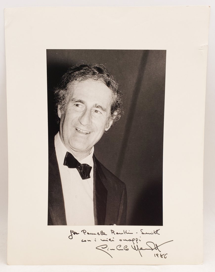 Gian Carlo Menotti : Signed Photo Portrait: B/W photo of Gian Carlo Menotti by P.Rankin- Smith mounted on art paper /board and signed on the margin by Gian Carlo Menotti. The signature is authentic with provenance. Image size : 6.5 x 9.5 inches