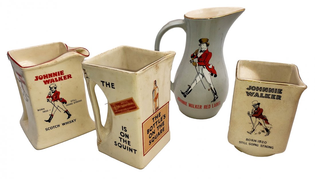 Vintage Johnnie Walker Pub Jugs (4): Three square, one round, all without issues such as cracks, chips, repairs. Height ranges from 5 to 7.5 inches tall.