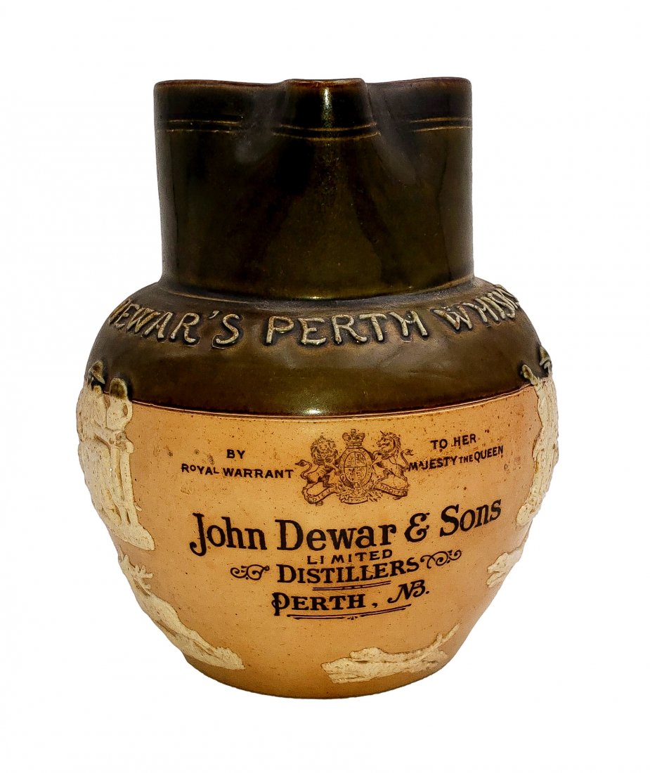 Doulton Lambeth Dewars Pub Jug: Approximate 5.25 inches high.In excellent condition. The usual back stamp dates range between 1891-1956. Made for John Dewars whisky distillers Perth. Applied to the body are country scenes including 