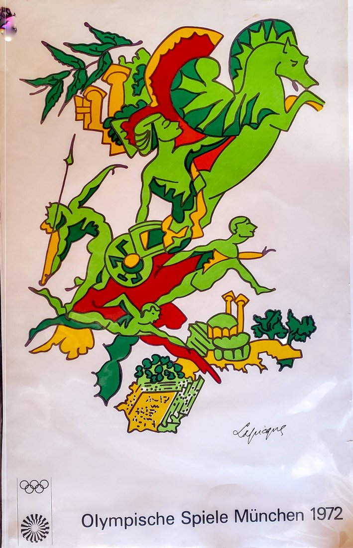 1972 Munich Olympics Poster : Charles Lapicque: Original 1972 Munich Olympics poster designed by Charles Lapicque. Preserved protected in a mylar sleeve with cardboard backing. Size : 25 x 40 inches. Condition: vintage ephemera with handling, dents
