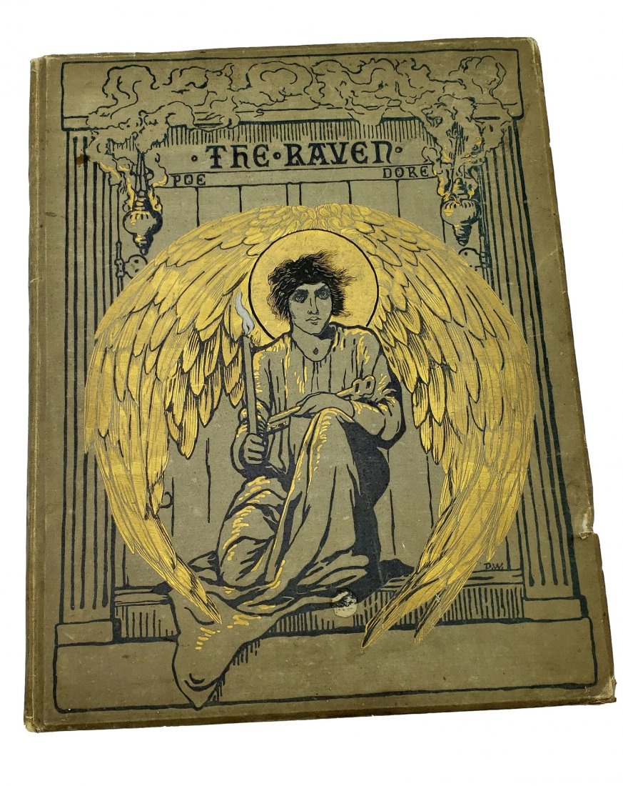 The Raven ( 1884) 1st ed Poe : Doré: Elephant Folio: Illustrated by Gustave Doré, Harper Brothers, New York, 1884 First edition. Elephant folio design. Beautifully illustrated in bright gilt and black on taupe grey cloth over boards, moderate cover, co