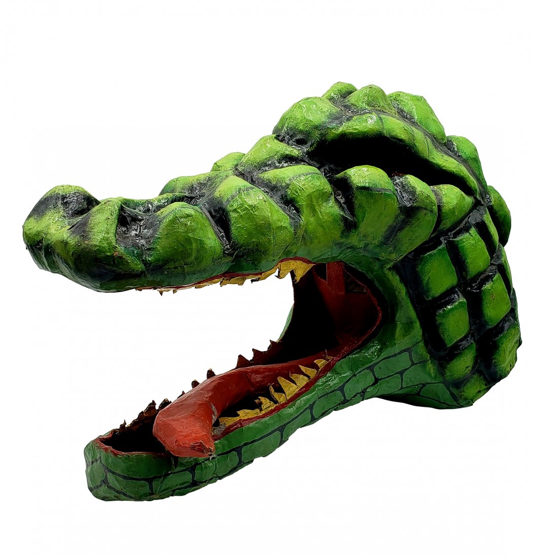 Haitian Carnival Crocodile Mask : Vintage Artist: This hand-made Crocodile Mask designed for a Carnival celebration comes from Jacmel, Haiti, the southern city in Haiti known for its papier-mache arts and masks. Jacmel Papier-Mache mask artisans are