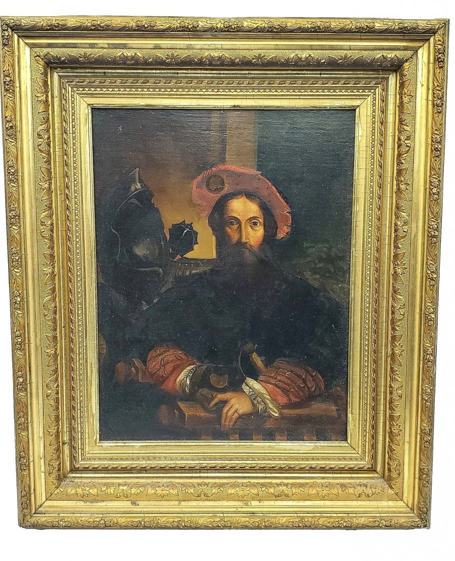 Portrait of a Nobleman OOC : Renaissance Era: A renaissance-era-styled nobleman with a feather in a red floppy chaperon posed with his sword next to a suit of armor. Antique canvas has been restretched professionally. Fine condition for age mild 