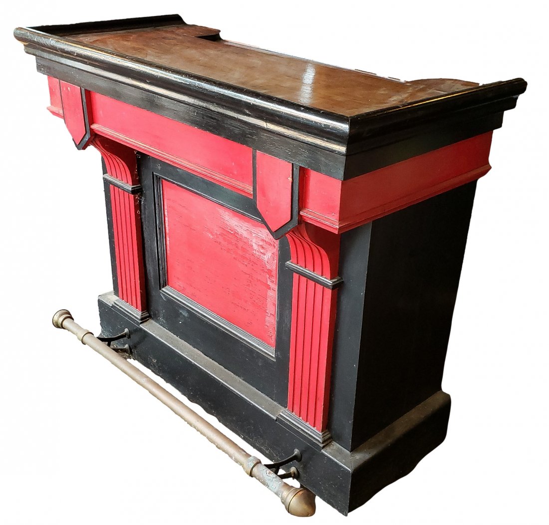 Vintage 1960s Home Dry Bar with Brass Foot Rail.: Vintage 1960s era dry bar with brass foot rail. Striking blood-red paint with onyx black details and timeless architectural elements create a sophisticated entertainment mood.