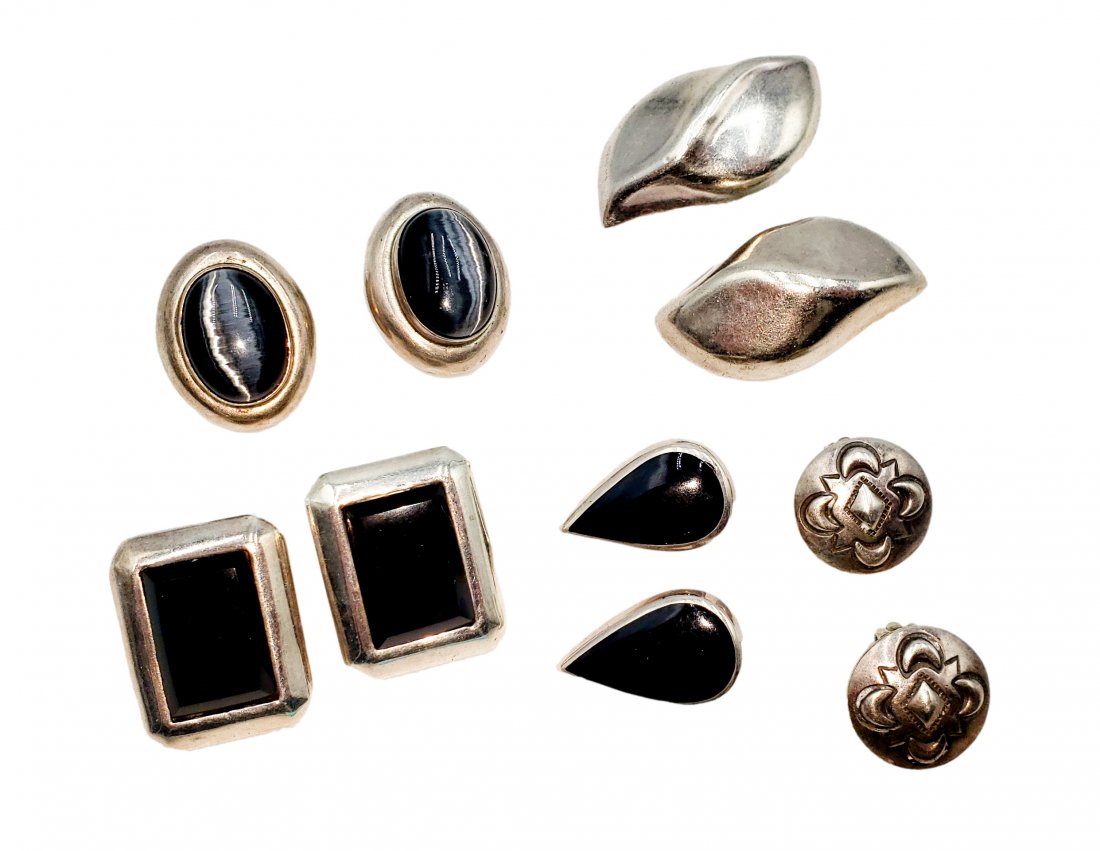 Silver and Onyx : Clip On Earrings Lot : 4 pair: Two pair 925 marked silver earrings, clip-on style with onyx black stones. Two pair Mexican silver ( unmarked) clip-on earrings. One pair synthetic tigers eye and silver.