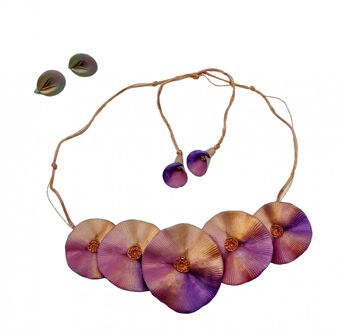 80's Vintage Set : Earrings and Necklace: Ceramic floral set in that 1980s pallet of gold over purples and turquoise. Authentic vintage style with a singular flea bite chip to one tie end flower petal. A light polish then ready to wear, displ