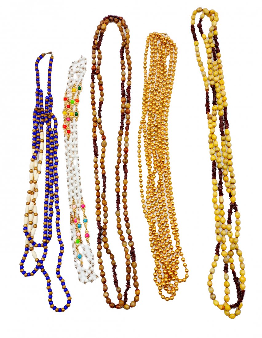 Vintage Long, Longer and Very Extra: 5 Necklace Lot: 1. light and dark extra long Polynesian seeds necklace, 80 inches. 2. Neutral medium tone extra-long Polynesian seeds necklace, 80 inches. 3. triple strand necklace in bone, bronze, and cobalt blue co