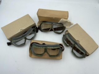 Russian WWII Soviet Aviation Goggles: 4 Pairs : Model:: Fine condition Soviet-era aviation protective goggles, in the box, with numbers 013-85 on rubber above the lens. Noted: elastic still pliable. WW2 style goggles-these are unused surplus and come in th