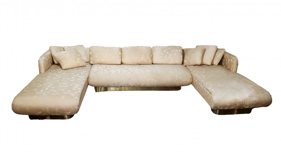 Selig Three Section Chaise Couch: This is a Selig Three Section Chaise Style #882.A low back sofa with white on white damask on wood base wrapped in gold-tone metal trim. Includes 2 settees and 1 center form with 3 back pillows and 6