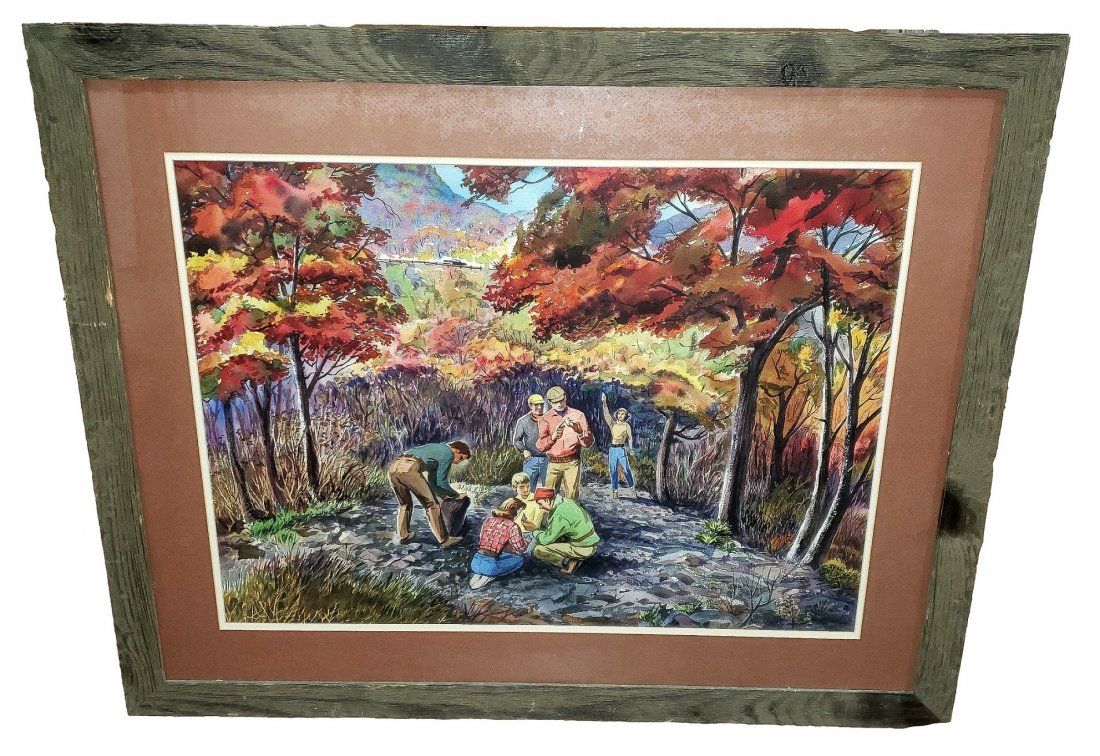 ARROWHEAD HUNTERS by Warren Hunter - Ford: This is the original watercolor by Warren Hunter who was commissioned by Ford. It was used in a Ford October 1959 publication. The scene is a family looking for Native American artifacts at Garner Sta