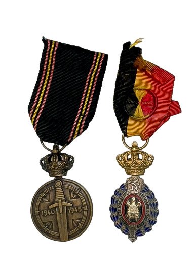 Belgian WW2: POW Medal and Service Medal: Lot of 2 Belgium ribbon and awards including prisoner of war medal and a work service medal: 1)Original Vintage Belgian WW2 Prisoner of War Medal 1940 1945; The Prisoner of War Medal 1940â€“1945 