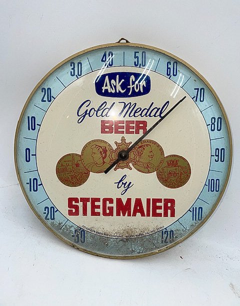 Stegmaier Gold Medal Beer Advertisement Thermostat: Working vintage condition Stegmaier Gold Medal Beer advertisement thermostat from Wilkes-Barre, Pennsylvania featuring the Stegmaier gold coin logo.Size: 10 inches.Cond: Evidence of authentic wear and