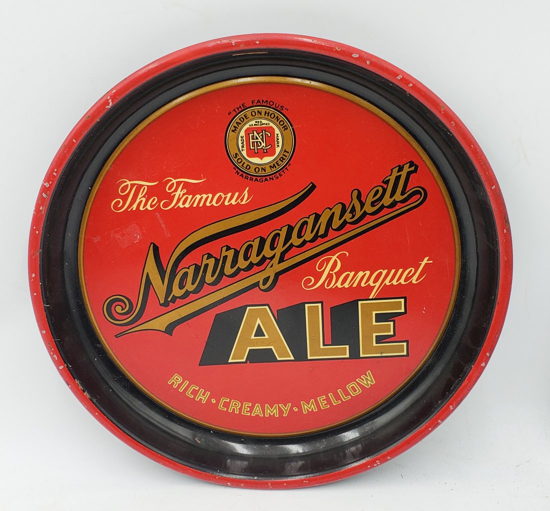 Narragansett Banquet Ale Tray: Tin Advertising Tray. Vibrant colors as graphics. Condition is good with age appropriate wear with light surface scratches and light rust.Measures 13 inches in diameter and 1 inch deep.-We provide in 