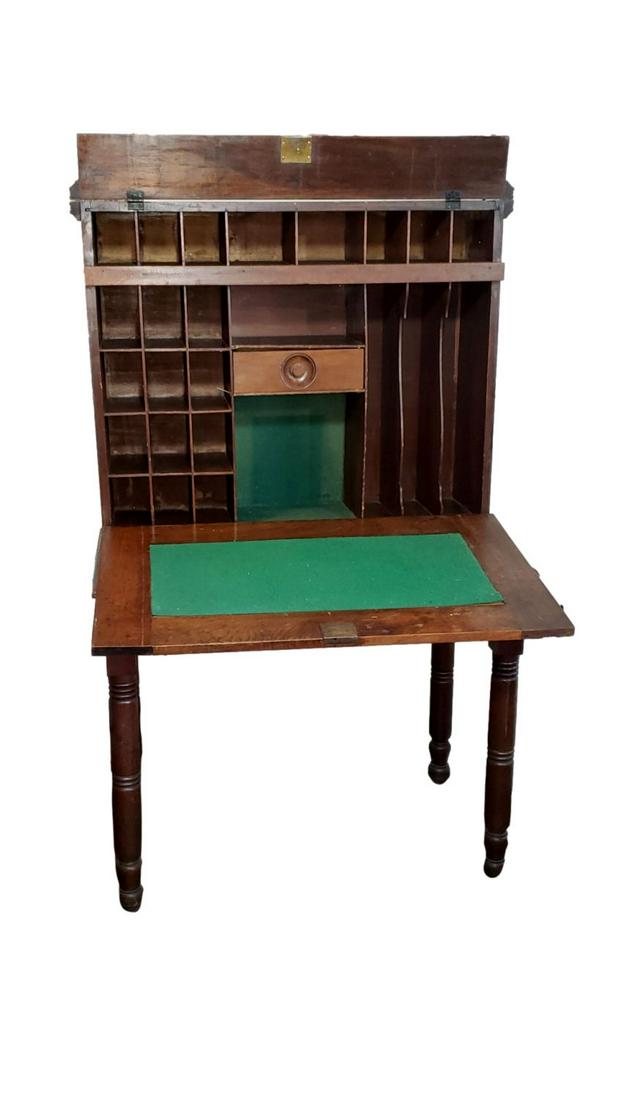 Antique Butlers Accountanting Desk: Circa 1800s Style: Antique Maple Accountants Desk. Sometimes referred to as a butlers desk, slant front, with file and document cubbies, a small inner drawer, and a full-width drawer under the writing surface only acces