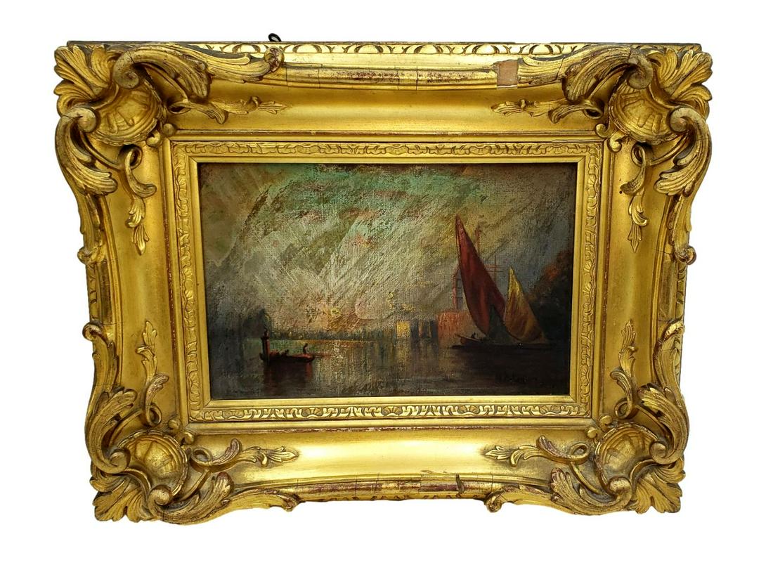 Petite Harbor Scene Oil on Canvas 19th C Signed (1 of 6)