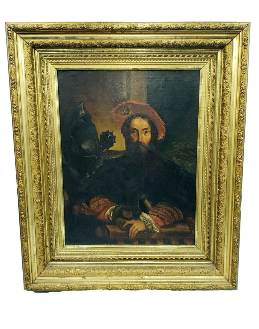 Early Edition of Portrait of Galeazzo Sanvitale: OOC: Early Edition: after Portrait of Galeazzo Sanvitale Painting by Parmigianino; the subject poses with his armor and mace to his right side, taking a third of the eye line, a sword at his waist, and a g