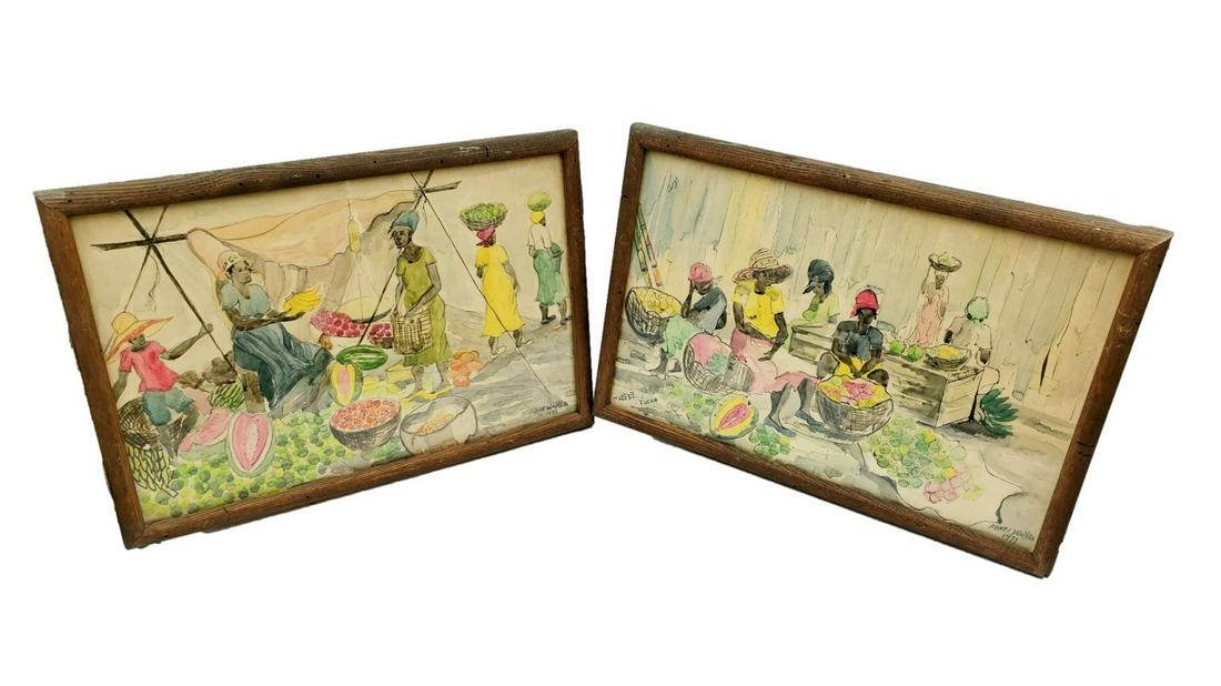 Jamaican Market Scenes by Lionel Walker: Two 1977 Watercolors: Both images of " Market Lucea " depict in pencil and watercolor the woman in vibrant outfits and the fresh produce of daily life in Jamaica, by Lionel Walker. Framed, signed lower right, and dated 197