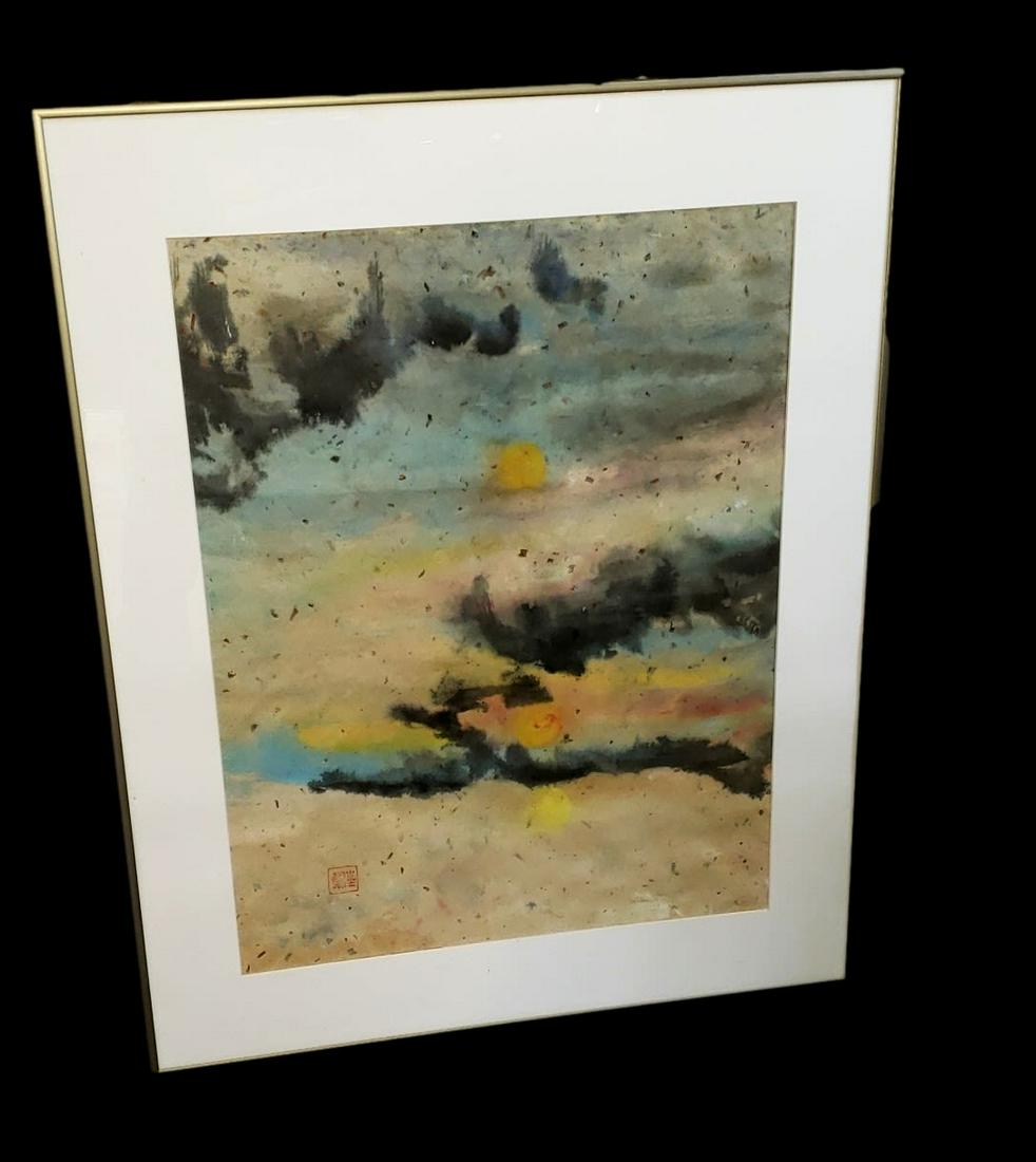 Ink Wash Abstract on Chinese Fiber Mulberry Paper: Ink wash Abstract on Chinese Fiber Mulberry Paper; abstract expressionist in sun, sky, day, and night tones. Artists red block character stamps lower-left corner. Archivally conservative matting and f